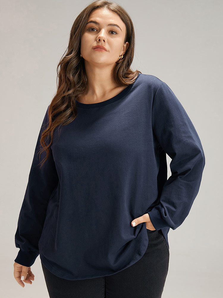 

Plus Size Cotton Curved Hem Elastic Cuffs Sweatshirt Women Indigo Casual Elastic cuffs Round Neck Dailywear Sweatshirts BloomChic