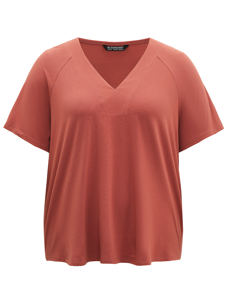 

Plus Size Cotton Plain Raglan Sleeve Sleep Top Russet Plain Short sleeve V-neck Dailywear Casual  Bloomchic