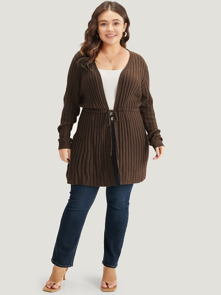 

Plus Size Rib Knit Drawstring Split Side Tunic Cardigan DarkBrown Women Casual Loose Long Sleeve Dailywear Cardigans BloomChic