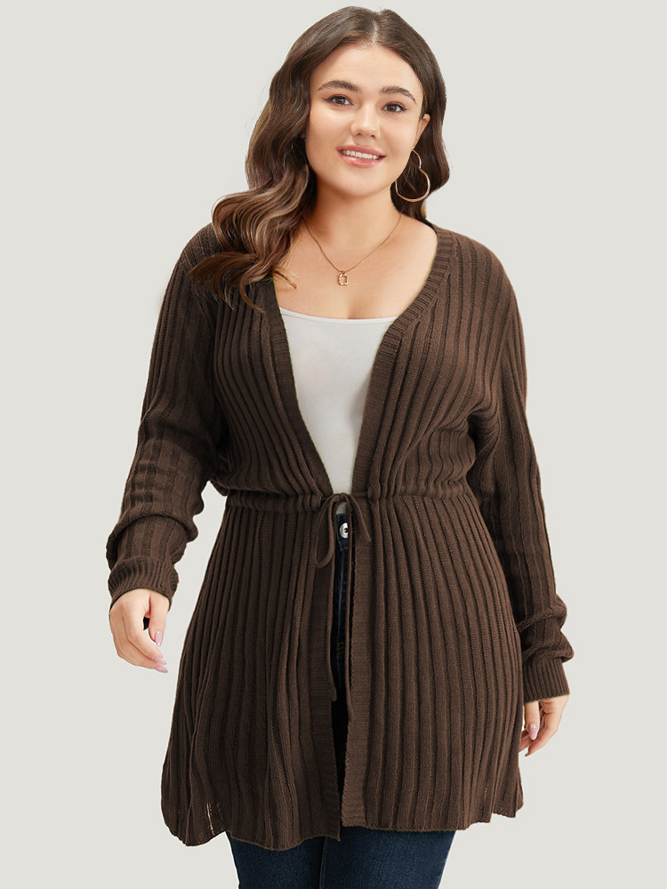 

Plus Size Rib Knit Drawstring Split Side Tunic Cardigan DarkBrown Women Casual Loose Long Sleeve Dailywear Cardigans BloomChic