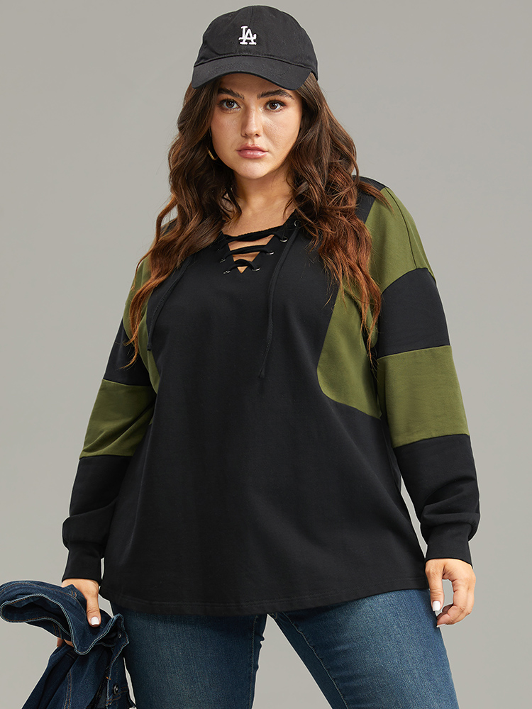 

Plus Size Cotton Colorblock Contrast Lace Up Sweatshirt Women Black Casual Elastic cuffs V-neck Dailywear Sweatshirts BloomChic