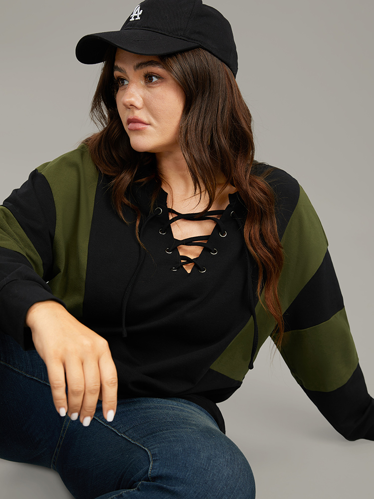 

Plus Size Cotton Colorblock Contrast Lace Up Sweatshirt Women Black Casual Elastic cuffs V-neck Dailywear Sweatshirts BloomChic