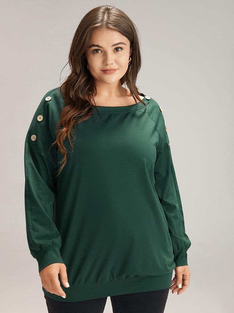 

Plus Size Cotton Plain Button Detail Raglan Sleeve T-shirt DarkGreen Women Casual Plain Plain Round Neck Dailywear T-shirts BloomChic