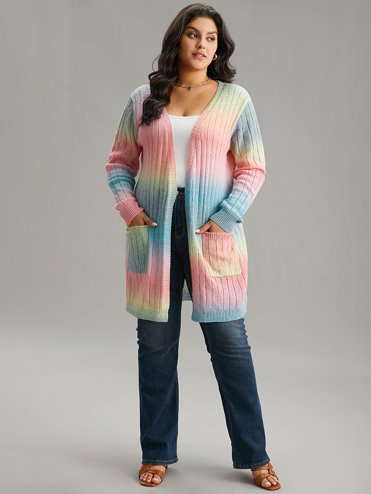 Plus Size Ombre Patched Pocket Tunic Cardigan Salmon Women Glamour Loose Long Sleeve Dailywear Cardigans BloomChic 26/4X 