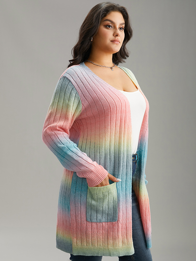Plus Size Ombre Patched Pocket Tunic Cardigan Salmon Women Glamour Loose Long Sleeve Dailywear Cardigans BloomChic 26/4X 