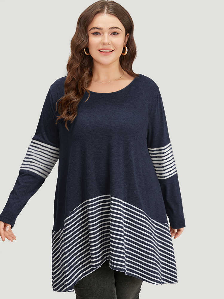 

Plus Size Striped Patchwork Pocket Crew Neck T-shirt Indigo Round Neck Long Sleeve Casual Jersey Tops