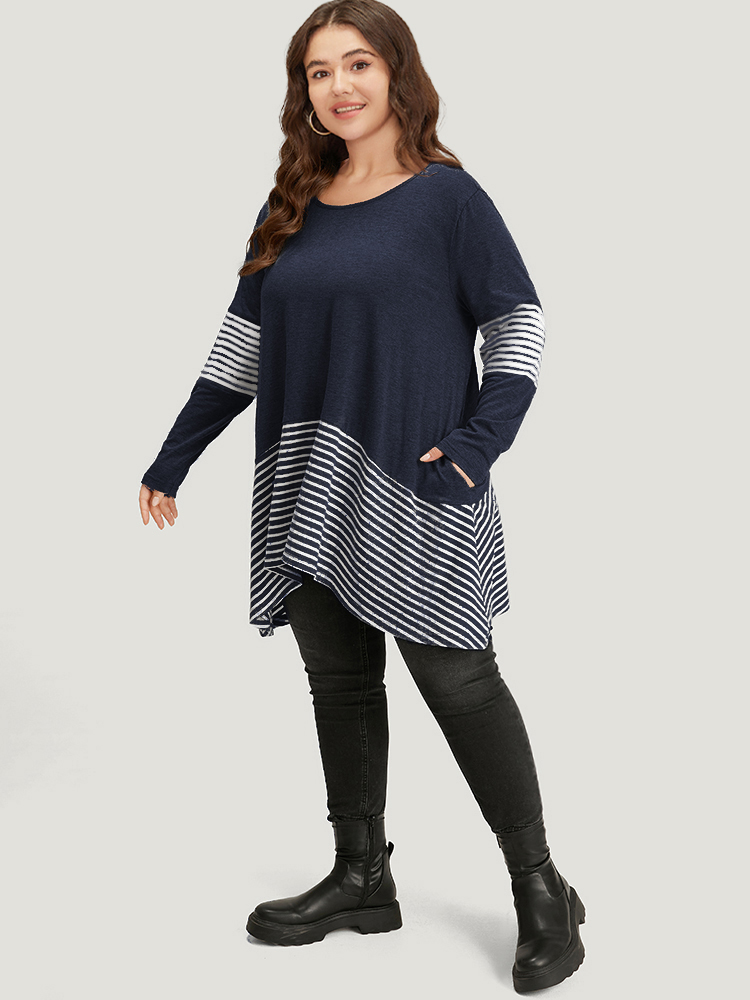 

Plus Size Striped Patchwork Pocket Crew Neck T-shirt Indigo Round Neck Long Sleeve Casual Jersey Tops