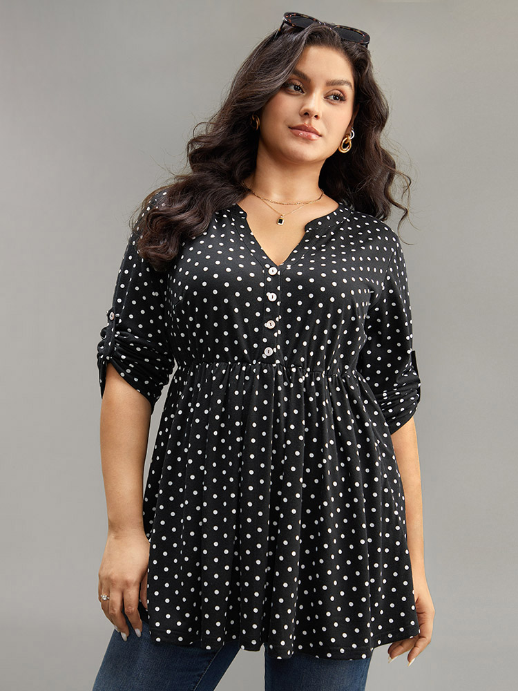 

Plus Size Polka Dot Button Detail Notched T-shirt Black Notched collar Long Sleeve Elegant Jersey Tops