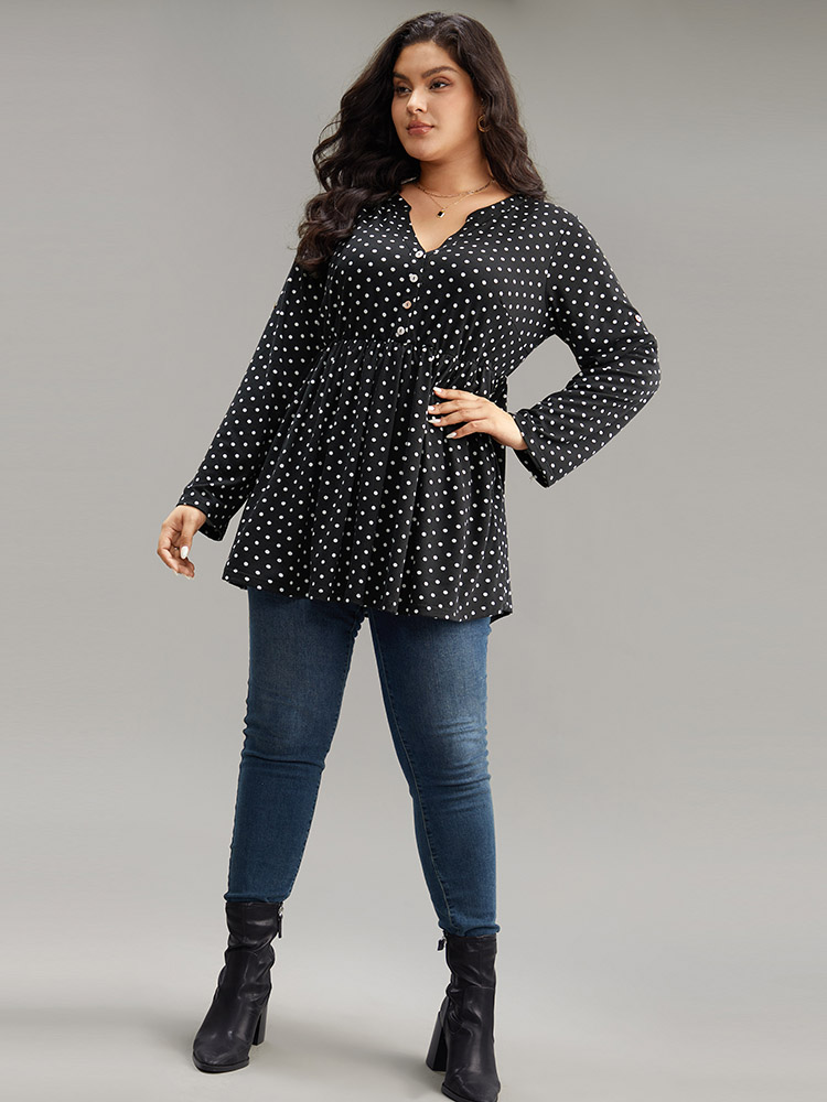 

Plus Size Polka Dot Button Detail Notched T-shirt Black Notched collar Long Sleeve Elegant Jersey Tops