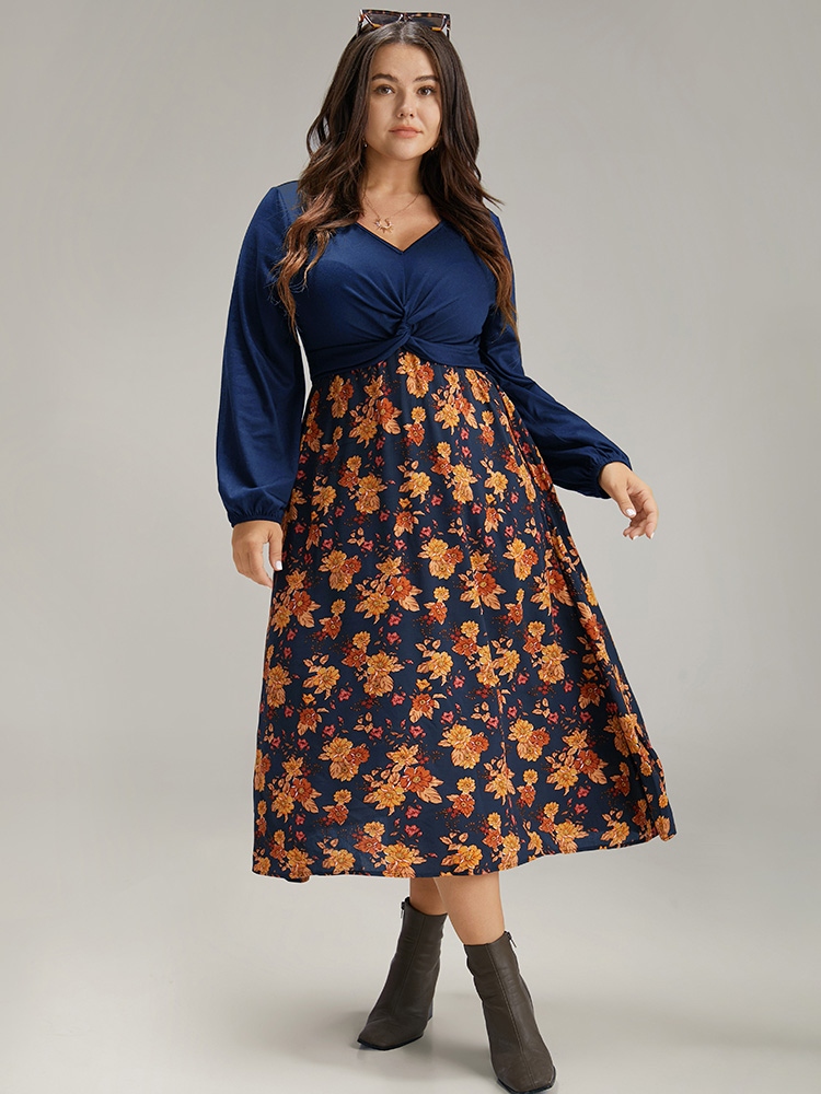 

Plus Size Supersoft Essentials Floral Patchwork Twist Front Dress DarkBlue Women Elegant Elastic cuffs V-neck Long Sleeve Curvy Midi Dress BloomChic