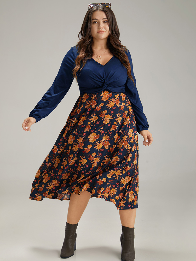

Plus Size Supersoft Essentials Floral Patchwork Twist Front Dress DarkBlue Women Elegant Elastic cuffs V-neck Long Sleeve Curvy Midi Dress BloomChic