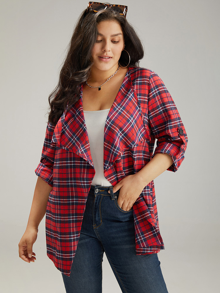 

Plus Size Plaid Asymmetrical Hem Tab Sleeve Jacket Women Scarlet Button Dailywear Jackets BloomChic