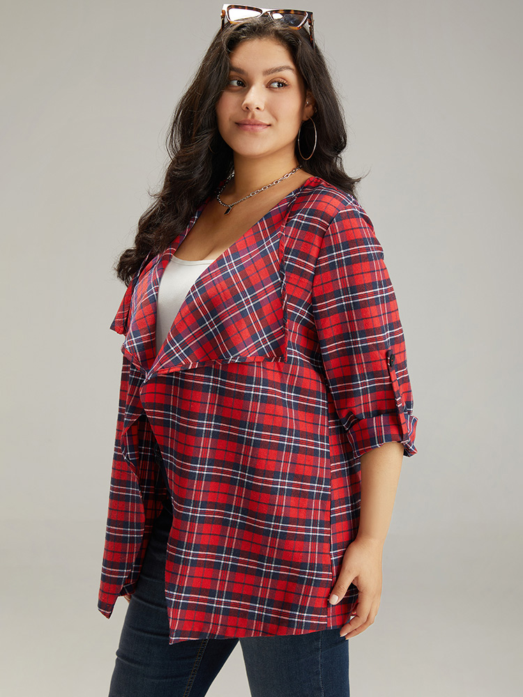 

Plus Size Plaid Asymmetrical Hem Tab Sleeve Jacket Women Scarlet Button Dailywear Jackets BloomChic