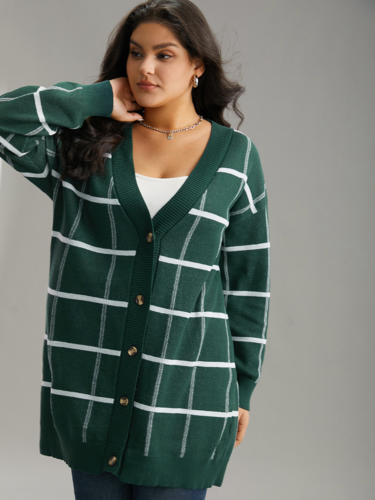 

Plus Size Plaid Striped Button Through Cardigan DarkGreen Women Casual Loose Long Sleeve Everyday Cardigans BloomChic