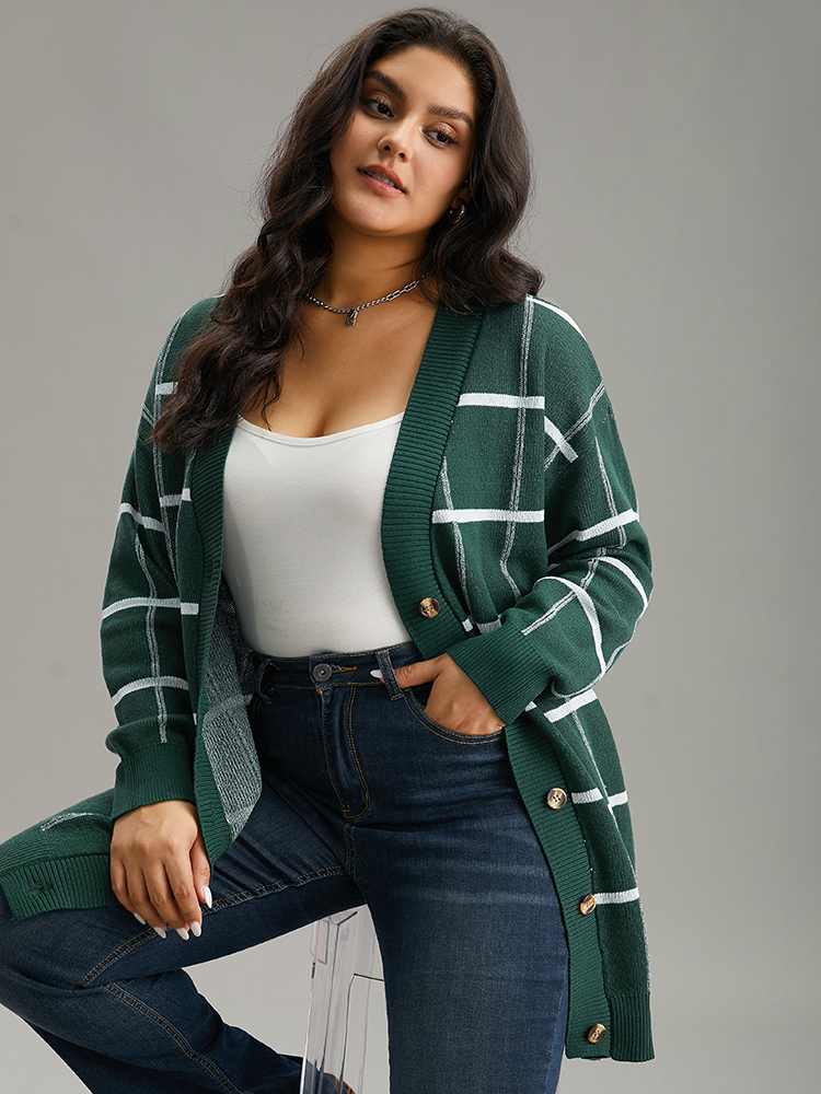 

Plus Size Plaid Striped Button Through Cardigan DarkGreen Women Casual Loose Long Sleeve Everyday Cardigans BloomChic