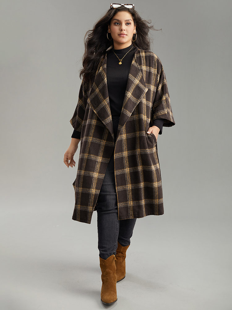 

Plus Size Plaid Asymmetrical Neck Dolman Sleeve Belted Coat Women DarkBrown Elegant Belted Ladies Dailywear Winter Coats BloomChic