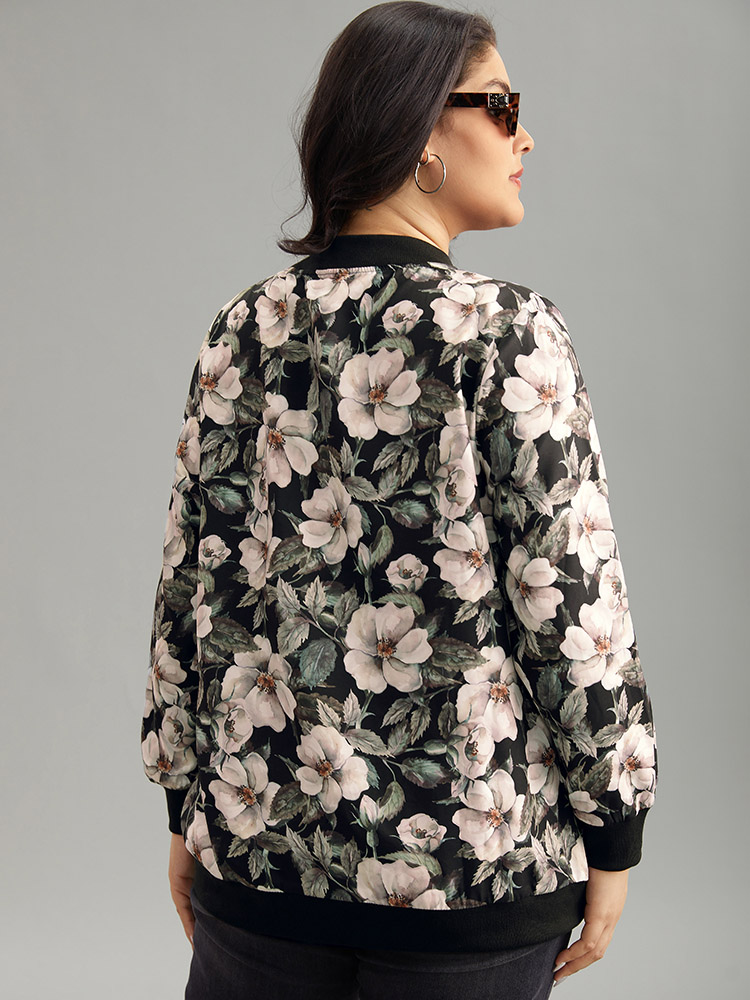 Plus Size Floral Print Patchwork Zipper Jacket Women BlackFlower Elastic cuffs Pocket Everyday Jackets BloomChic 22-24/3X 