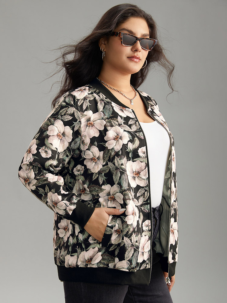 Plus Size Floral Print Patchwork Zipper Jacket Women BlackFlower Elastic cuffs Pocket Everyday Jackets BloomChic 22-24/3X 