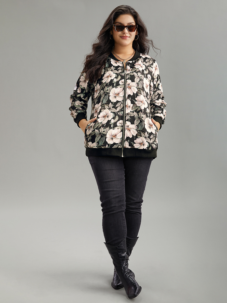 Plus Size Floral Print Patchwork Zipper Jacket Women BlackFlower Elastic cuffs Pocket Everyday Jackets BloomChic 22-24/3X 