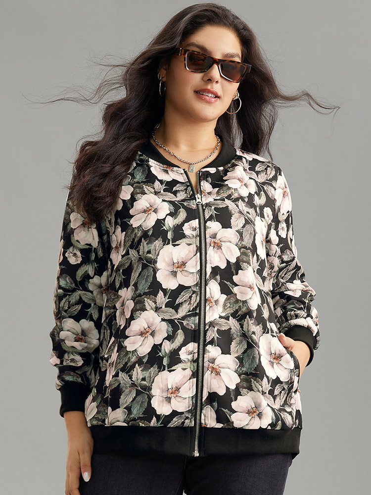 Plus Size Floral Print Patchwork Zipper Jacket Women BlackFlower Elastic cuffs Pocket Everyday Jackets BloomChic 22-24/3X 