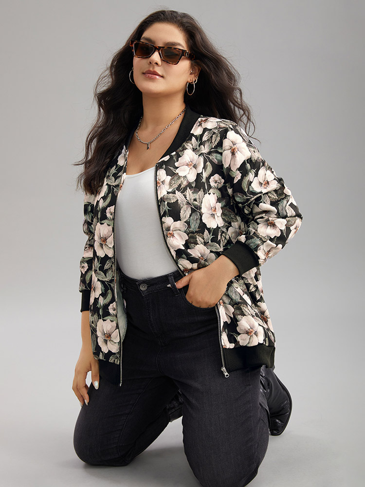 Plus Size Floral Print Patchwork Zipper Jacket Women BlackFlower Elastic cuffs Pocket Everyday Jackets BloomChic 22-24/3X 