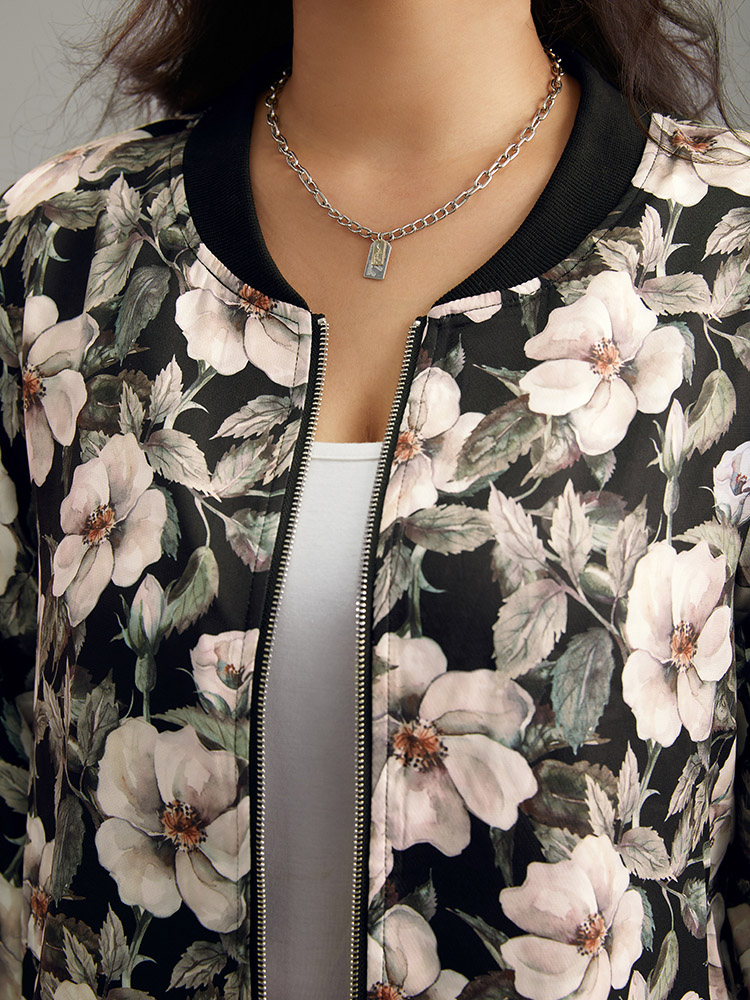 Plus Size Floral Print Patchwork Zipper Jacket Women BlackFlower Elastic cuffs Pocket Everyday Jackets BloomChic 22-24/3X 