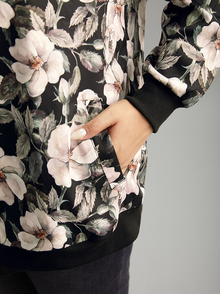 

Plus Size Floral Print Patchwork Zipper Jacket Women BlackFlower Elastic cuffs Pocket Everyday Jackets BloomChic