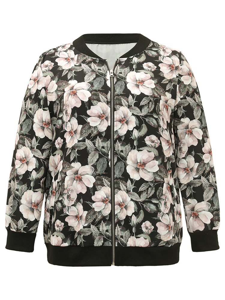 Plus Size Floral Print Patchwork Zipper Jacket Women BlackFlower Elastic cuffs Pocket Everyday Jackets BloomChic 22-24/3X 