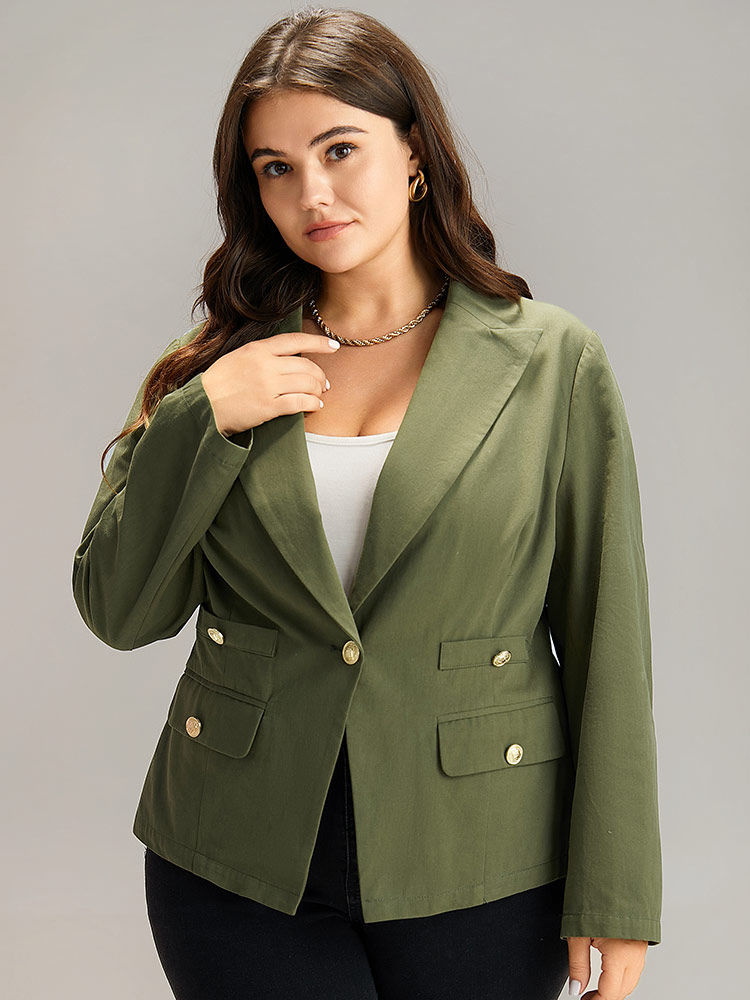 

Plus Size Plain Suit Collar Buckle Detail Blazer ArmyGreen Women Work Plain Plain Sleeve Long Sleeve Suit Collar  Office Blazers BloomChic