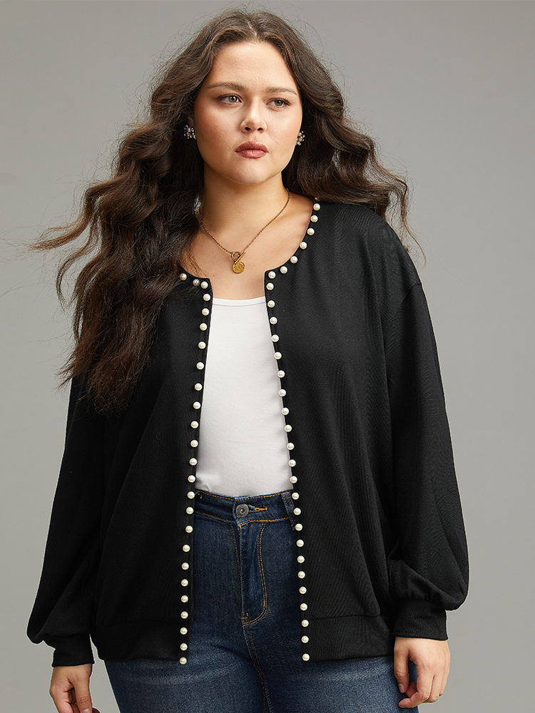 

Plus Size Solid Pearl Beaded Open Front Coat Women Black Elegant Beaded Ladies Dailywear Winter Coats BloomChic