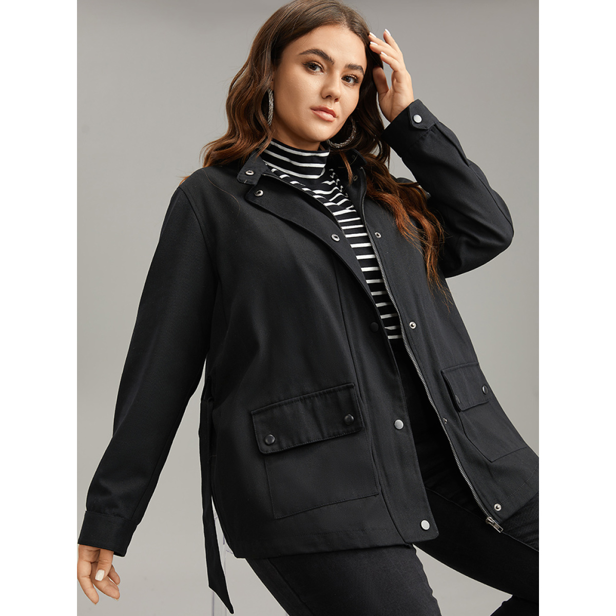 

Plus Size Cotton Solid Belted Flap Pocket Coat Women Black Casual Plain Ladies Dailywear Winter Coats BloomChic