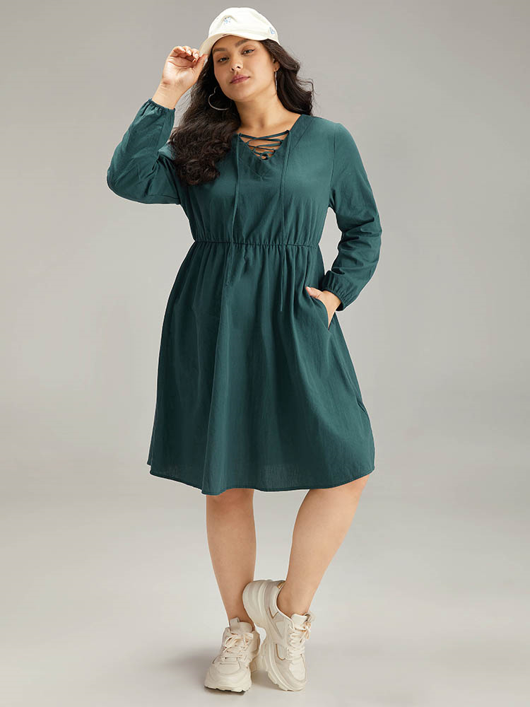 

Plus Size Cotton Solid Lace Up Elastic Waist Dress DarkGreen Women Casual Elastic cuffs Tie Neck Long Sleeve Curvy Midi Dress BloomChic