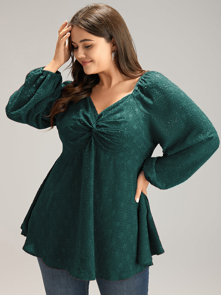 

Plus Size DarkGreen Solid Glitter Twist Front Gathered Blouse Women Cocktail Long Sleeve V-neck Party Blouses BloomChic