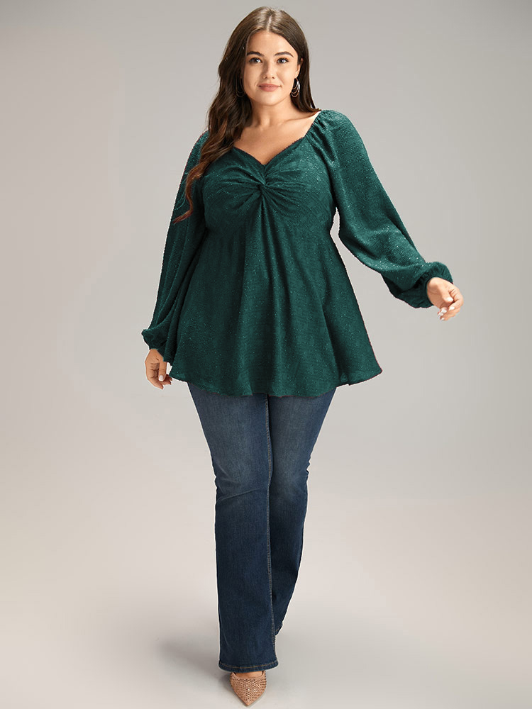 

Plus Size DarkGreen Solid Glitter Twist Front Gathered Blouse Women Cocktail Long Sleeve V-neck Party Blouses BloomChic