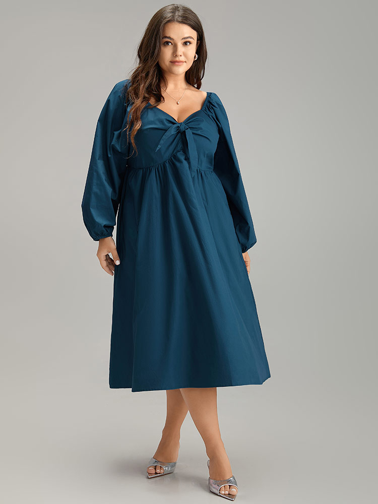 

Plus Size Cotton Solid Bowknot Gathered Detail Dress Aegean Women Elegant Elastic cuffs Tie Neck Long Sleeve Curvy Midi Dress BloomChic