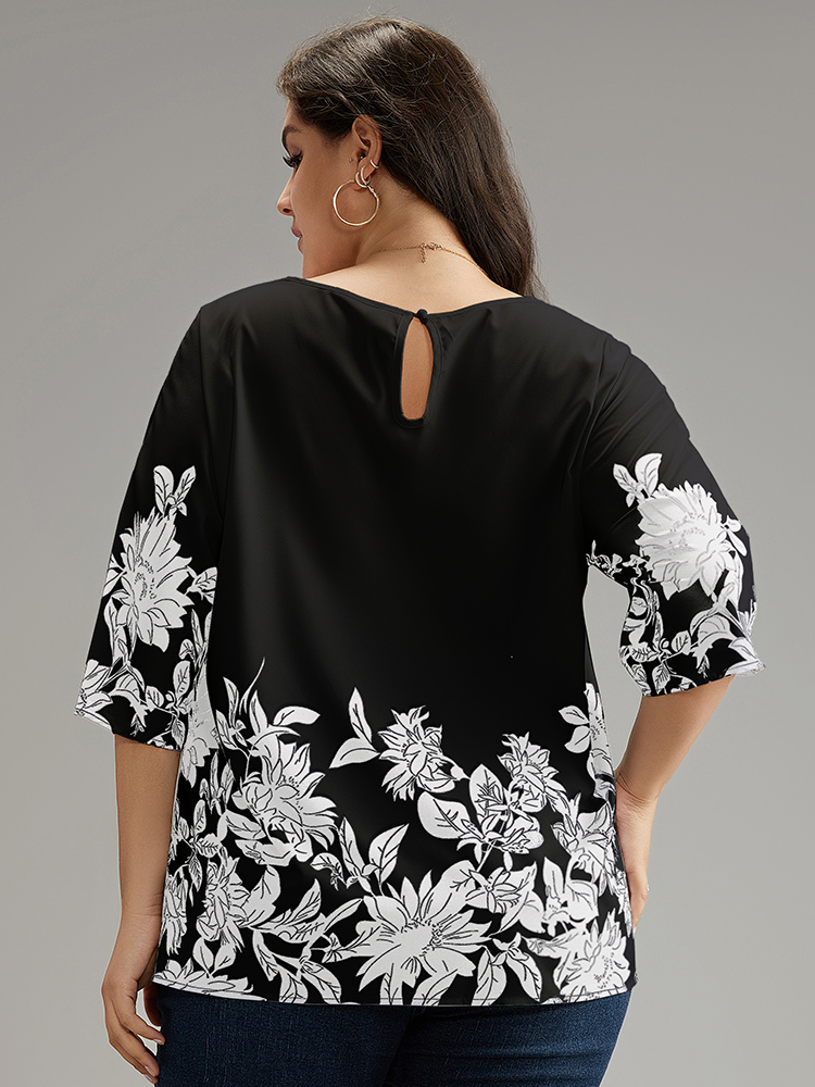 Plus Size Black Boho Print V Neck Cut Out Blouse Women Elegant Elbow-length sleeve V-neck Dailywear Blouses BloomChic 10/M 