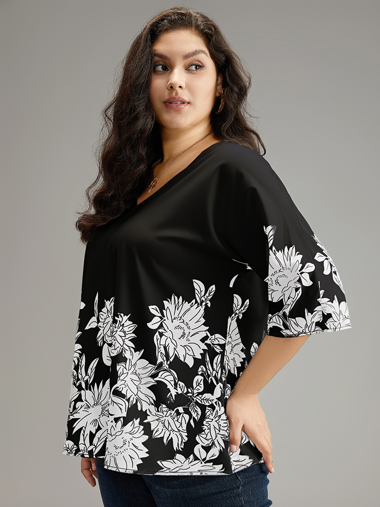 Plus Size Black Boho Print V Neck Cut Out Blouse Women Elegant Elbow-length sleeve V-neck Dailywear Blouses BloomChic 10/M 