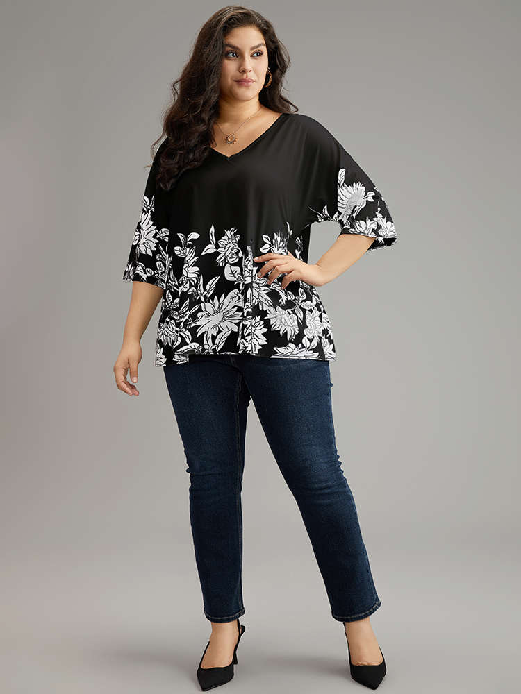Plus Size Black Boho Print V Neck Cut Out Blouse Women Elegant Elbow-length sleeve V-neck Dailywear Blouses BloomChic 10/M 