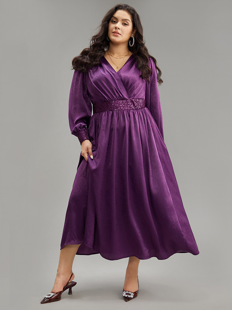 

Plus Size Plain Sequin Patchwork Texture Dress Purple Women Cocktail Non V-neck Long Sleeve Curvy Midi Dress BloomChic