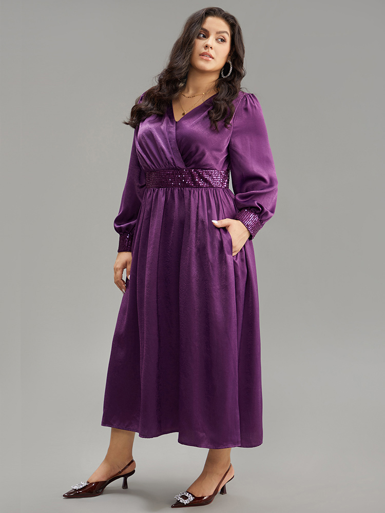 

Plus Size Plain Sequin Patchwork Texture Dress Purple Women Cocktail Non V-neck Long Sleeve Curvy Midi Dress BloomChic