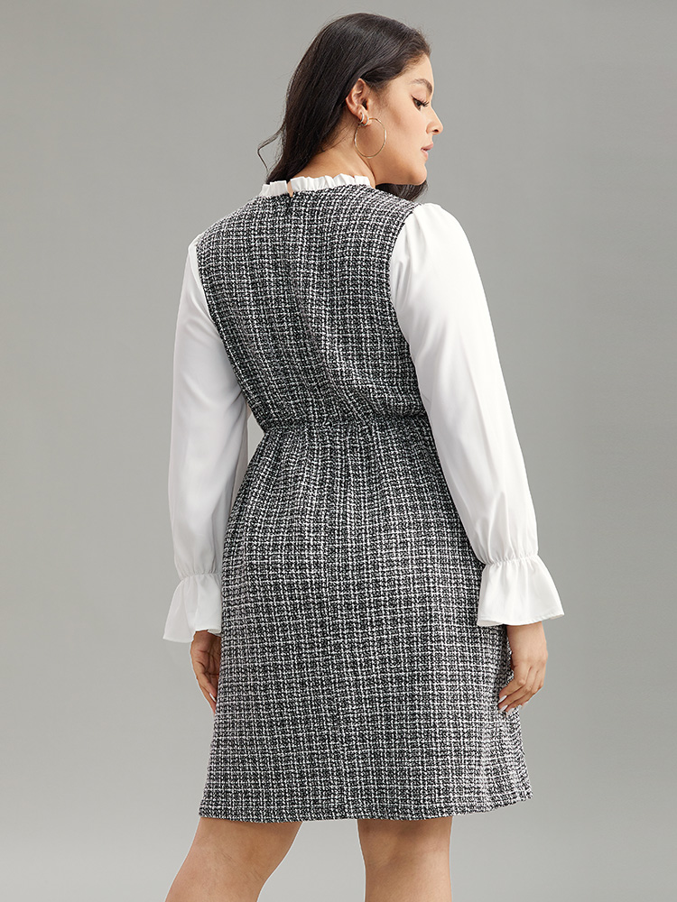 

Plus Size Plaid Patchwork Ruffle Trim Knee Dress White Women Office Texture Mock Neck Long Sleeve Curvy Knee Dress BloomChic