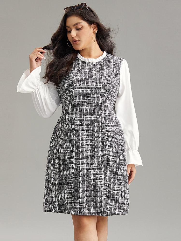 Plus Size Plaid Patchwork Ruffle Trim Knee Dress White Women Office Texture Mock Neck Long Sleeve Curvy Knee Dress BloomChic 22-24/3X 
