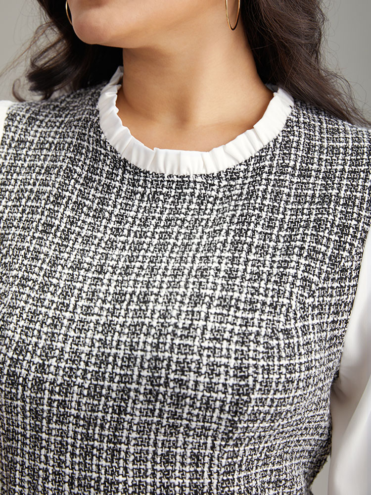 Plus Size Plaid Patchwork Ruffle Trim Knee Dress White Women Office Texture Mock Neck Long Sleeve Curvy Knee Dress BloomChic 22-24/3X 