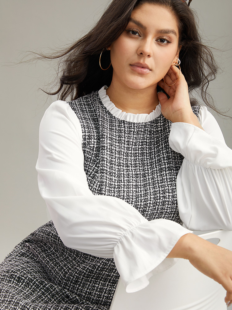 Plus Size Plaid Patchwork Ruffle Trim Knee Dress White Women Office Texture Mock Neck Long Sleeve Curvy Knee Dress BloomChic 22-24/3X 