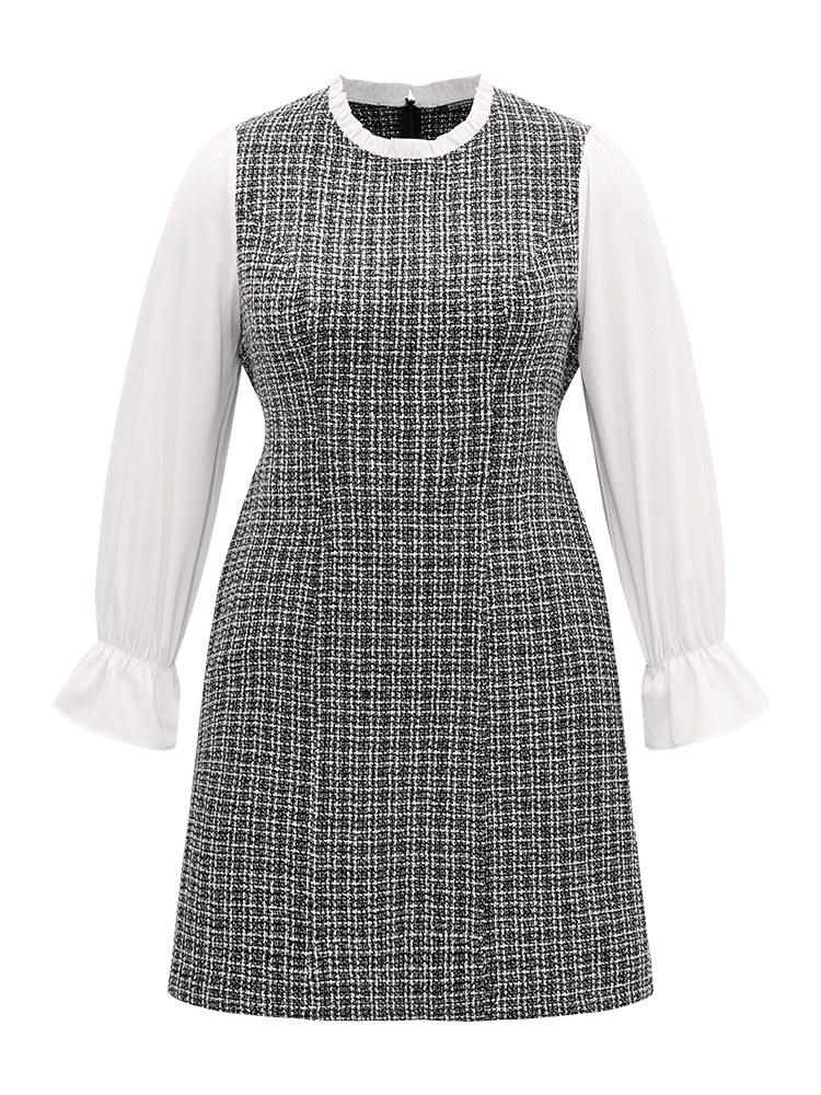 Plus Size Plaid Patchwork Ruffle Trim Knee Dress White Women Office Texture Mock Neck Long Sleeve Curvy Knee Dress BloomChic 22-24/3X 