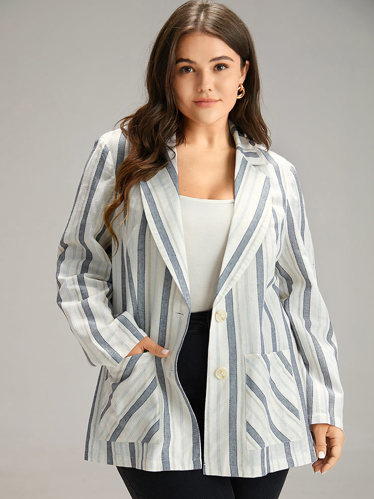 

Plus Size Striped Suit Collar Pocket Blazer Blue Women Dailywear Striped Contrast Sleeve Long Sleeve Suit Collar  Pocket Casual Blazers BloomChic