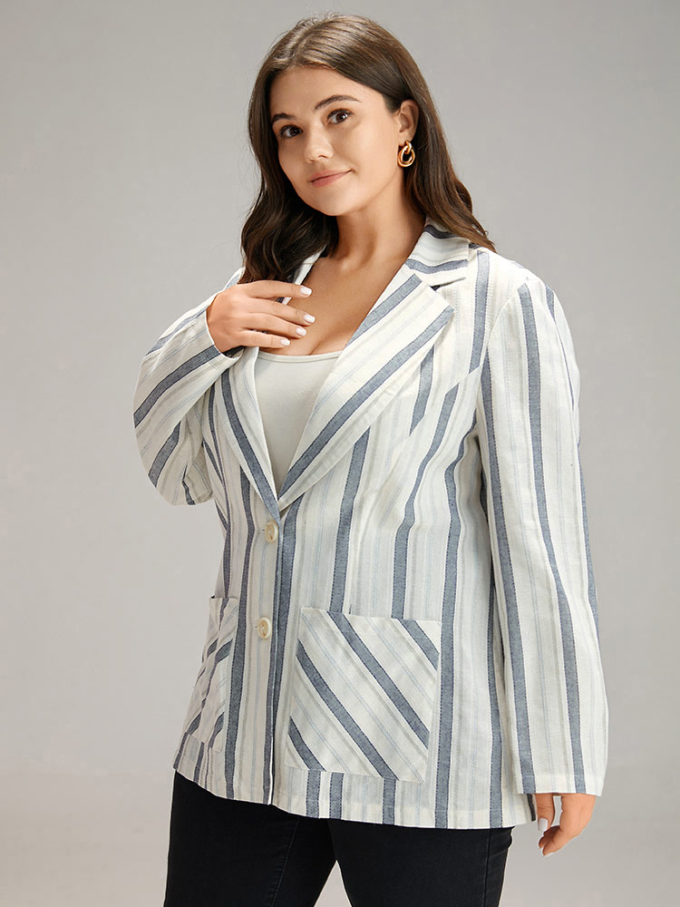 

Plus Size Striped Suit Collar Pocket Blazer Blue Women Dailywear Striped Contrast Sleeve Long Sleeve Suit Collar  Pocket Casual Blazers BloomChic