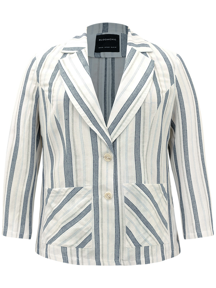 Plus Size Women Dailywear Striped Contrast Regular Sleeve Long Sleeve Suit Collar Pocket Casual Blazers BloomChic 