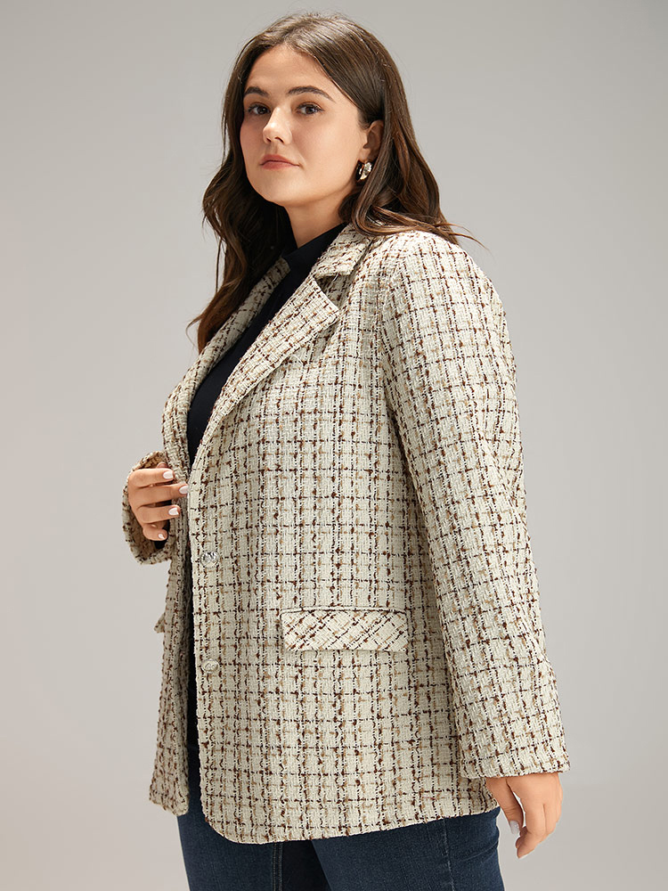 

Plus Size Gingham Suit Collar Flap Pocket Blazer Ivory Women Dailywear Gingham Texture Sleeve Long Sleeve Suit Collar  Pocket Casual Blazers BloomChic