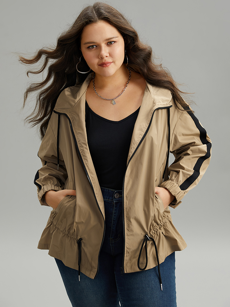 

Plus Size Wind-Resistant Contrast Trim Drawstring Jacket Women Tan Elastic cuffs Pocket Dailywear Jackets BloomChic